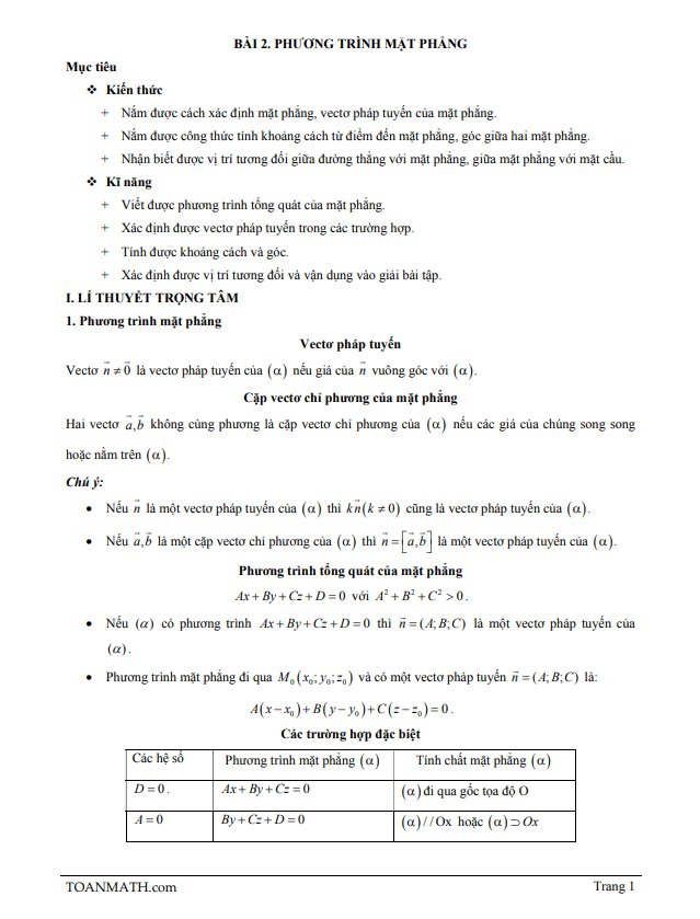 Bài giảng phương trình mặt phẳng